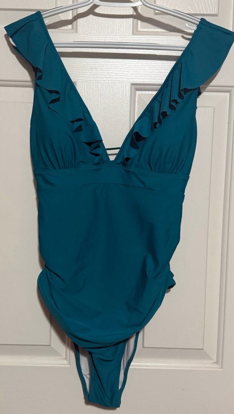 Cupshe Women's Teal One-Piece Swimwear Ruffled Neckline Ties in Back Size XL